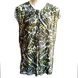 Liz Claiborne Green and White Botanical Print Top Cap Sleeves Size XXLT